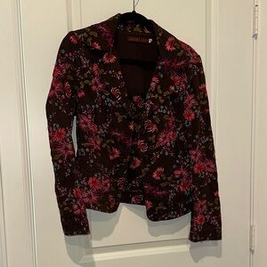 Johnny Was, Women's Blazer, Brown with Pink, Blue, Orange & Yellow Floral Stitch